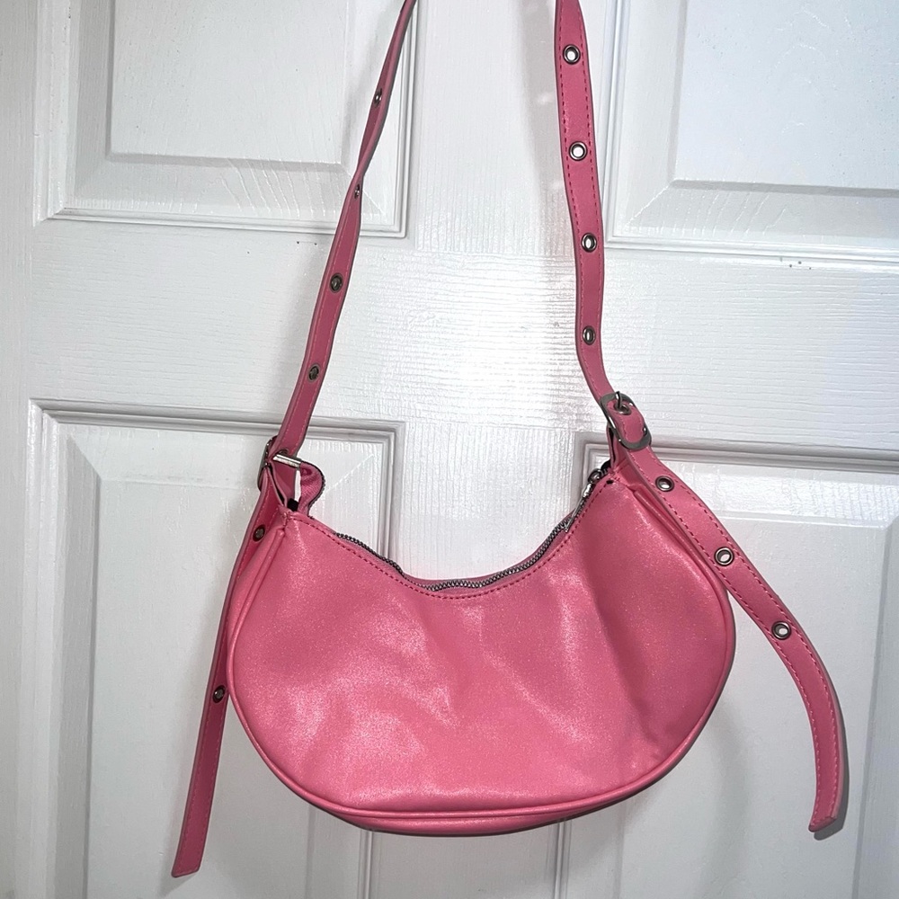Pink Studded Shoulder Bag Small Crescent Moon Bag Trendy Y2K Style - Picture 3 of 4